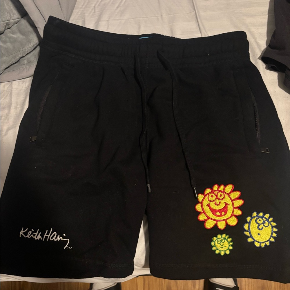 Keith Haring Black Sweat Shorts With Colorful Sun Graphics